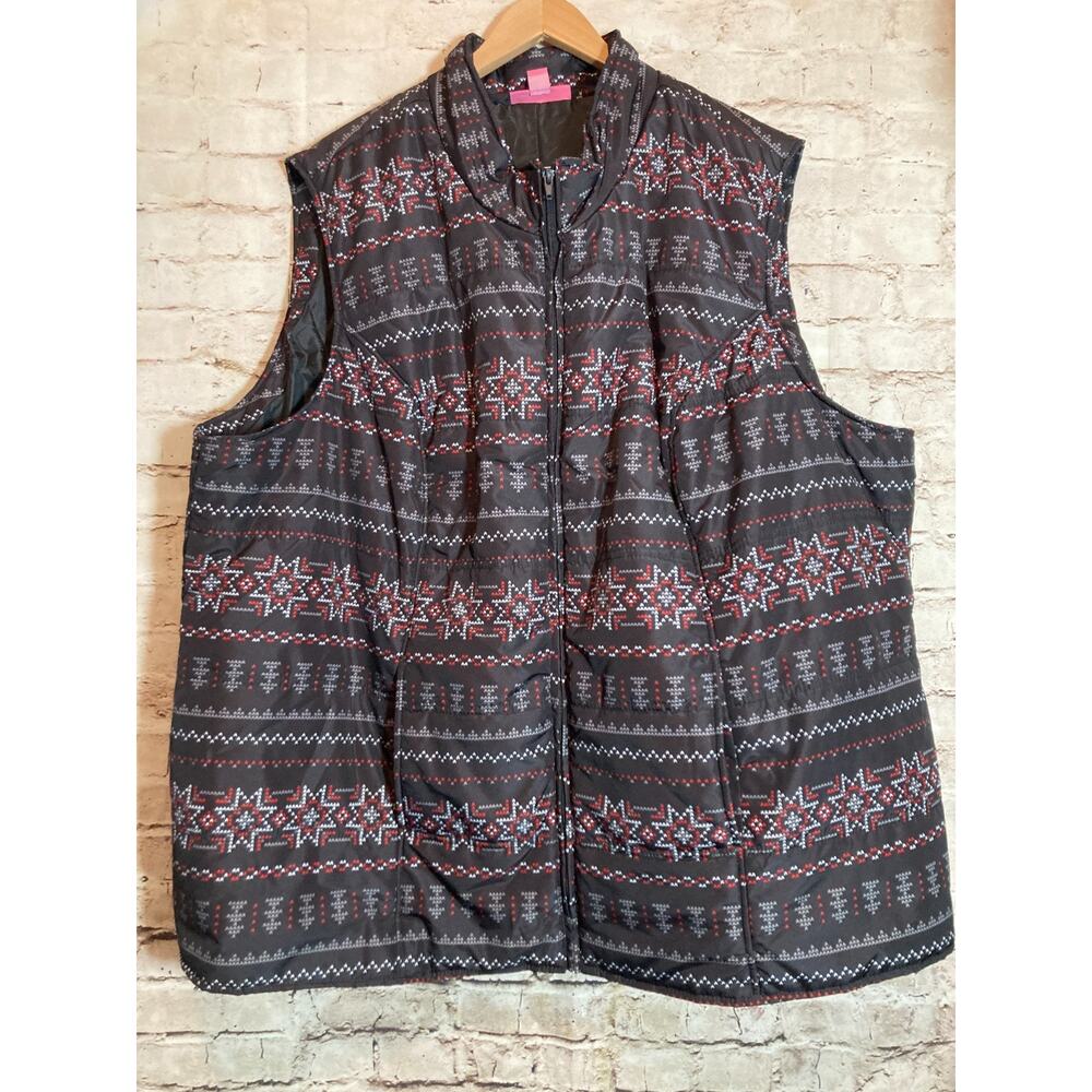 Woman Within Vest Womens 34/36 4X Black Fair Isle Quilted Puffer Lightweight Zip